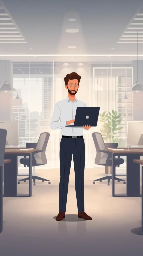 Professional male avatar standing in a modern IT office, holding a laptop, symbolizing digital marketing and SEO expertise.