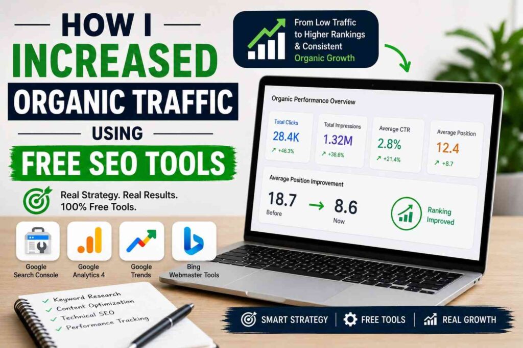 How I increased organic traffic using free SEO tools with Google Search Console, Google Analytics, Google Trends and Bing Webmaster Tools to improve rankings and website visibility.